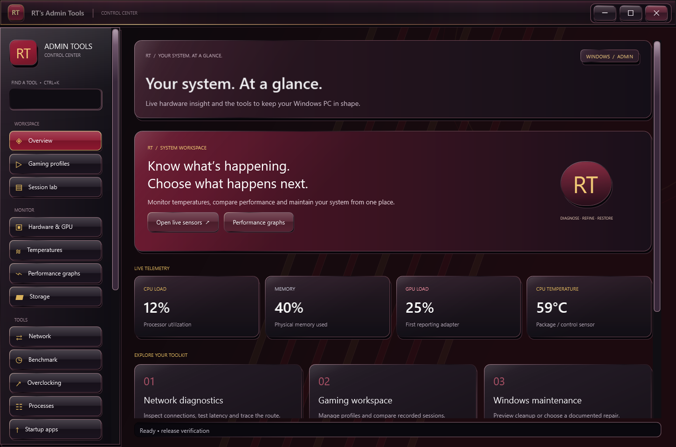 RT’s Admin Tools red, black, gold and silver dashboard with CPU, memory and GPU readings